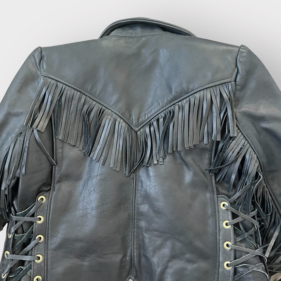 Vintage California Creations Black Fringe Leather Biker Jacket Sz 14 Motorcycle - Picture 6 of 9